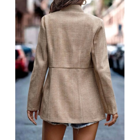 Classic Tan Herringbone Blazer Jacket Coat - Picture 3 of 4
